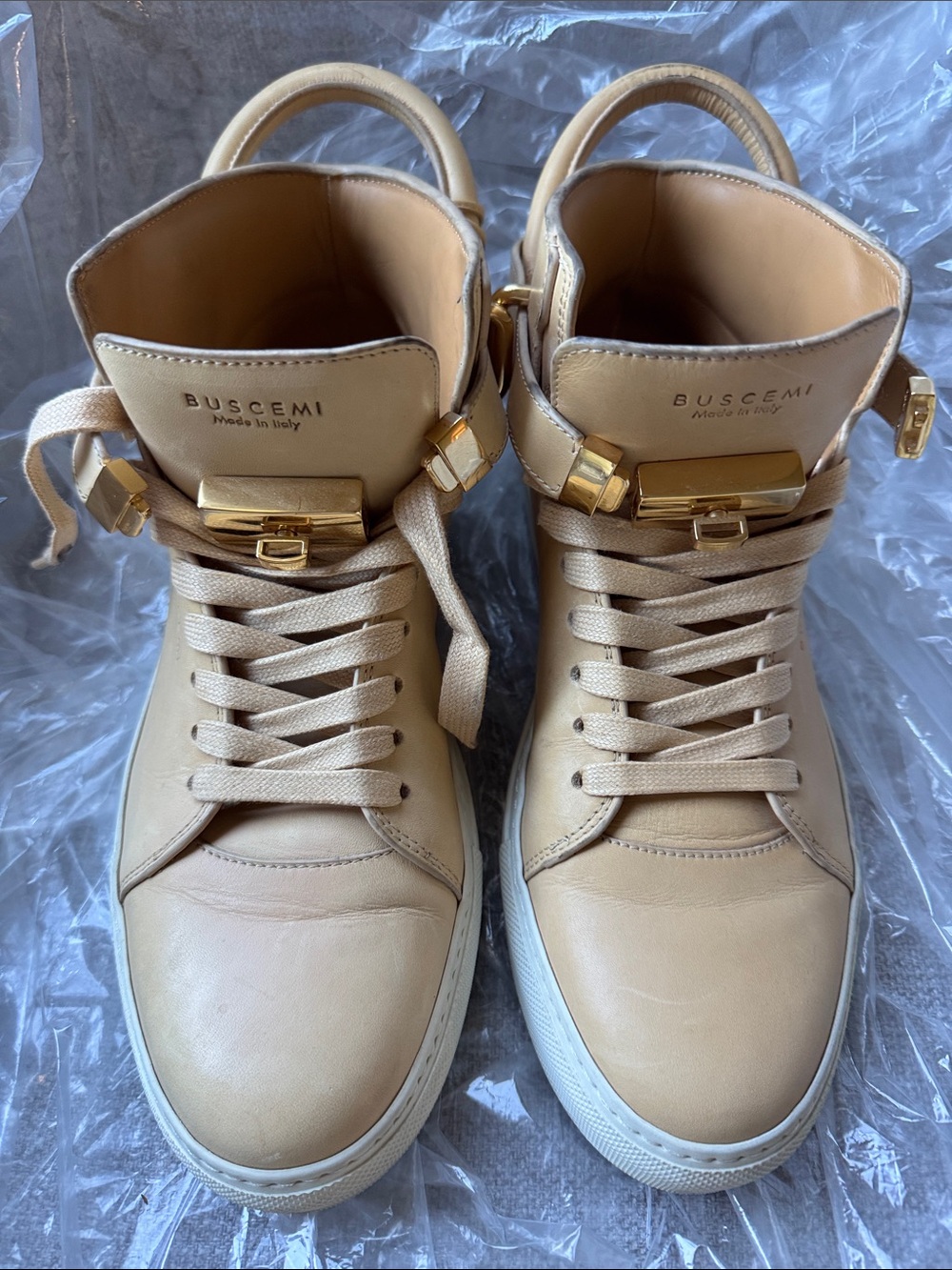 Buscemi 100mm High-Top Beige Men's Sneakers with Gold Hardware Size 43